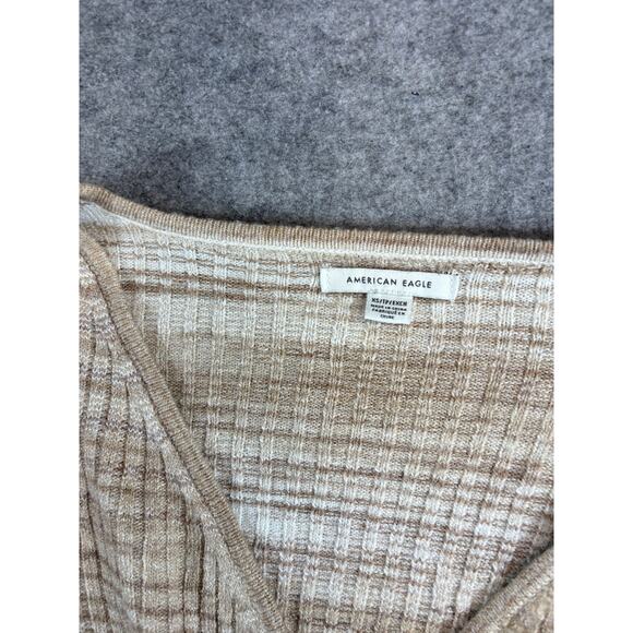 American Eagle Faux Wrap Sweater Womens XS Beige Ribbed Knit Cropped Vneck Y2K - Picture 4 of 4